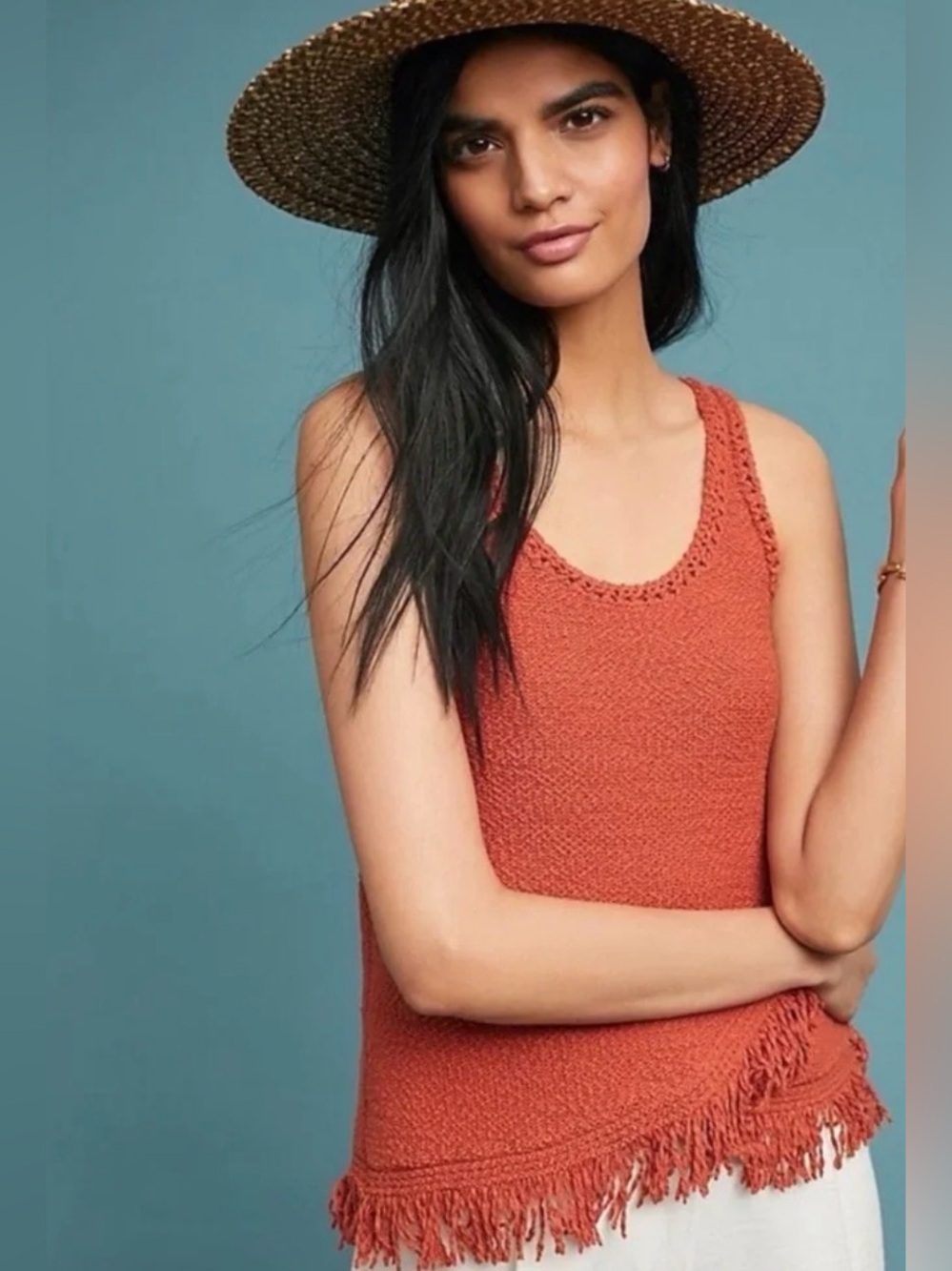 Anthropologie Akemi + Kin Rust Fringe Knit Tank Top M